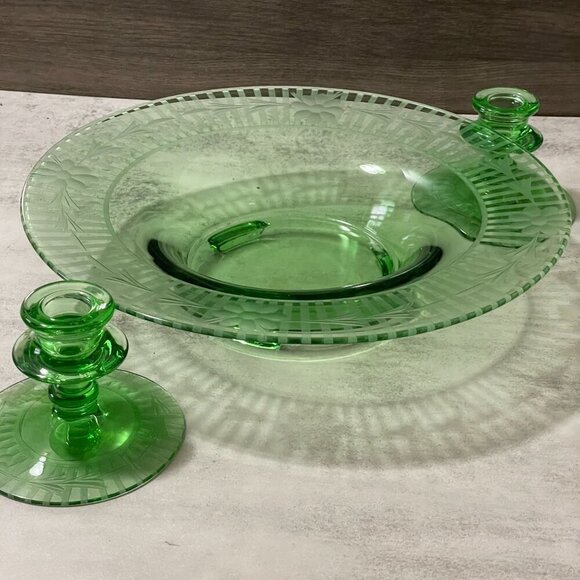 Vintage Green Depression Glass Flower Stripe Etch Console Bowl Candlesticks 3pc - Picture 2 of 9